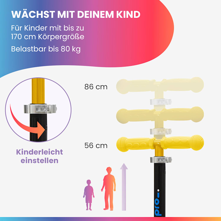 TWO Kinderroller ab 5 Jahre LED-Räder bis 80 kg faltbar Gelb