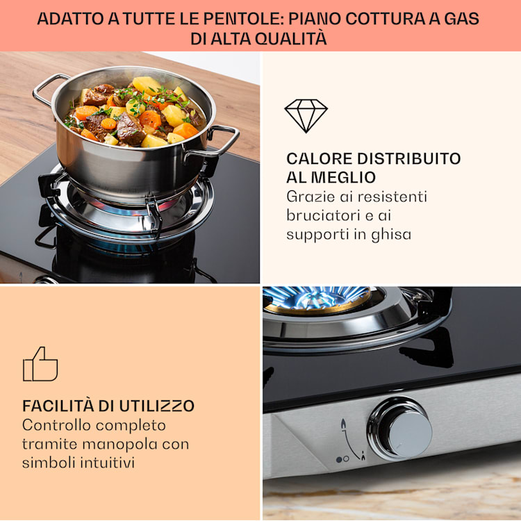 Barzona 3 fornello da campeggio, 3 bruciatori da 3,4 kW & 0,75 kW & 4,3 kW, piano in vetro e alloggiamento in acciaio inossidabile G31 / 30 mbar | 3 Bruciatore | Nero