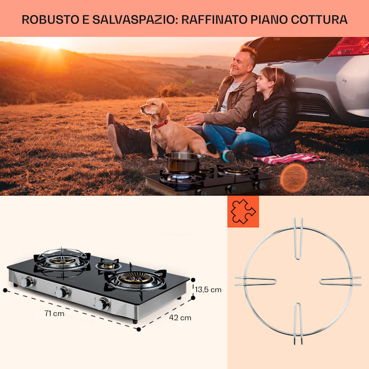 Barzona 3 fornello da campeggio, 3 bruciatori da 3,4 kW & 0,75 kW & 4,3 kW, piano in vetro e alloggiamento in acciaio inossidabile G31 / 30 mbar | 3 Bruciatore | Nero