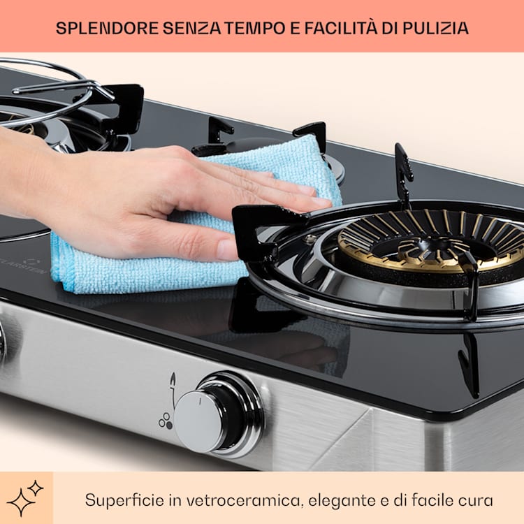 Barzona 3 fornello da campeggio, 3 bruciatori da 3,4 kW & 0,75 kW & 4,3 kW, piano in vetro e alloggiamento in acciaio inossidabile G31 / 30 mbar | 3 Bruciatore | Nero