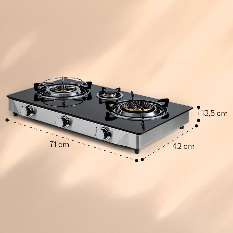 Barzona 3 fornello da campeggio, 3 bruciatori da 3,4 kW & 0,75 kW & 4,3 kW, piano in vetro e alloggiamento in acciaio inossidabile G31 / 30 mbar | 3 Bruciatore | Nero