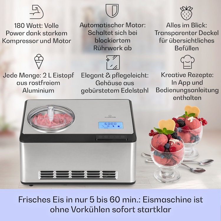 Dolce Bacio Smart Eiscremebereiter Yogurtmaker Kompressor 2 Liter WiFi Touch Edelstahl 