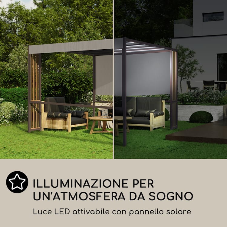 Valence gazebo 3x3 m, UV50+, idrorepellente, illuminazione solare a LED, pannello solare Puntoni verticali | Taupe scuro