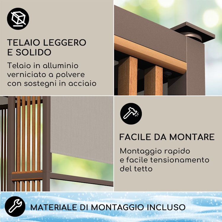 Valence gazebo 3x3 m, UV50+, idrorepellente, illuminazione solare a LED, pannello solare Puntoni verticali | Taupe scuro