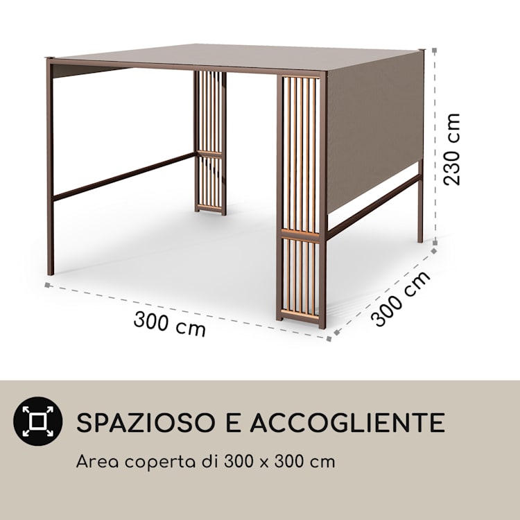 Valence gazebo 3x3 m, UV50+, idrorepellente, illuminazione solare a LED, pannello solare Puntoni verticali | Taupe scuro