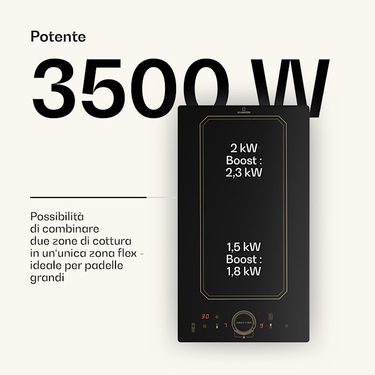 Victoria Domino - Piano cottura a induzione da incasso, 3500 W, Flexzone, timer  Nero