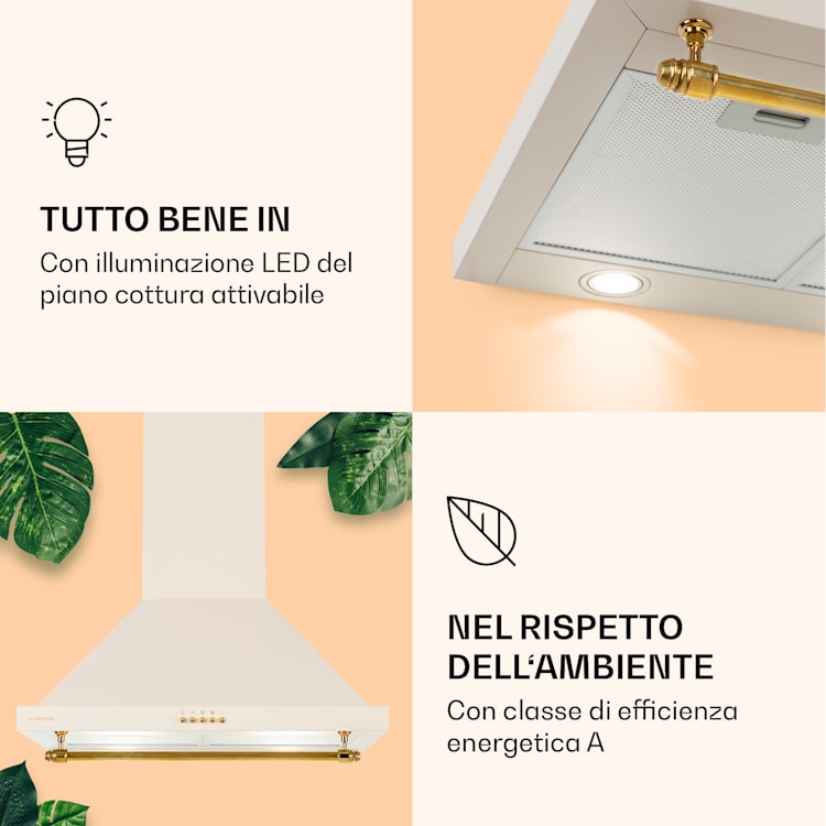 Montblanc 60 - Cappa aspirante, 610 m³/h, 165 W, 2 x 1,5 W, LED, barra per utensili  Crema vintage