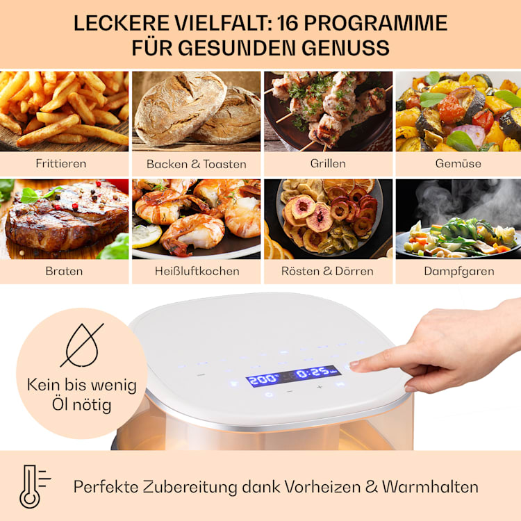 Air Bloom Heißluftfritteuse Dampffunktion 1500W 7,5 Liter 16 Programme 
