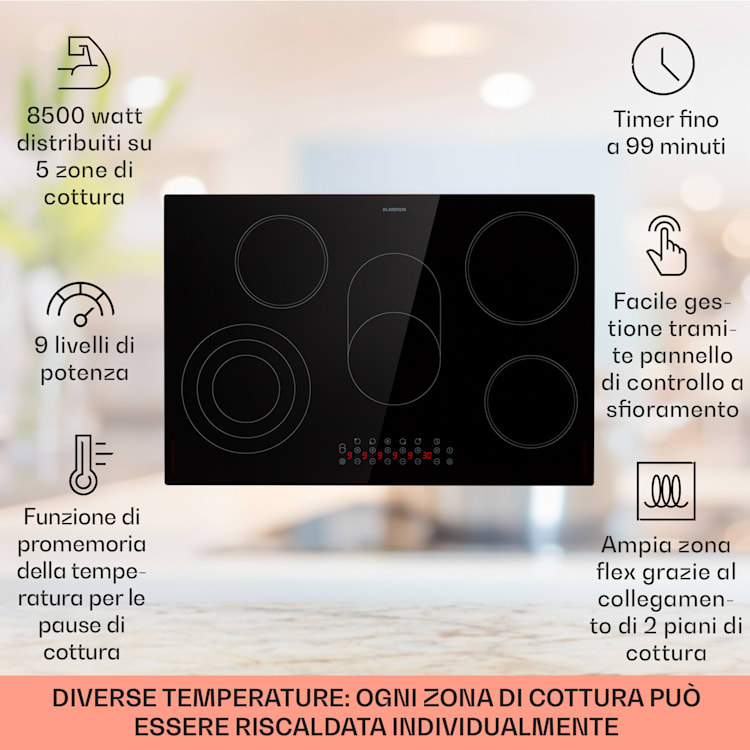 Virtuosa 5 - Piano cottura da incasso, 5 zone, 8500 W, vetroceramica 75 cm | Ovale/Triplo | Senza cornice