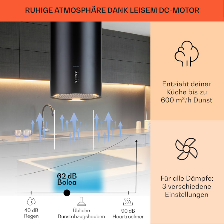 Bolea Hotte aspirante d'îlot Ø38 cm évacuation/circulation d'air 600 m³/h LED avec filtre à charbon actif Noir