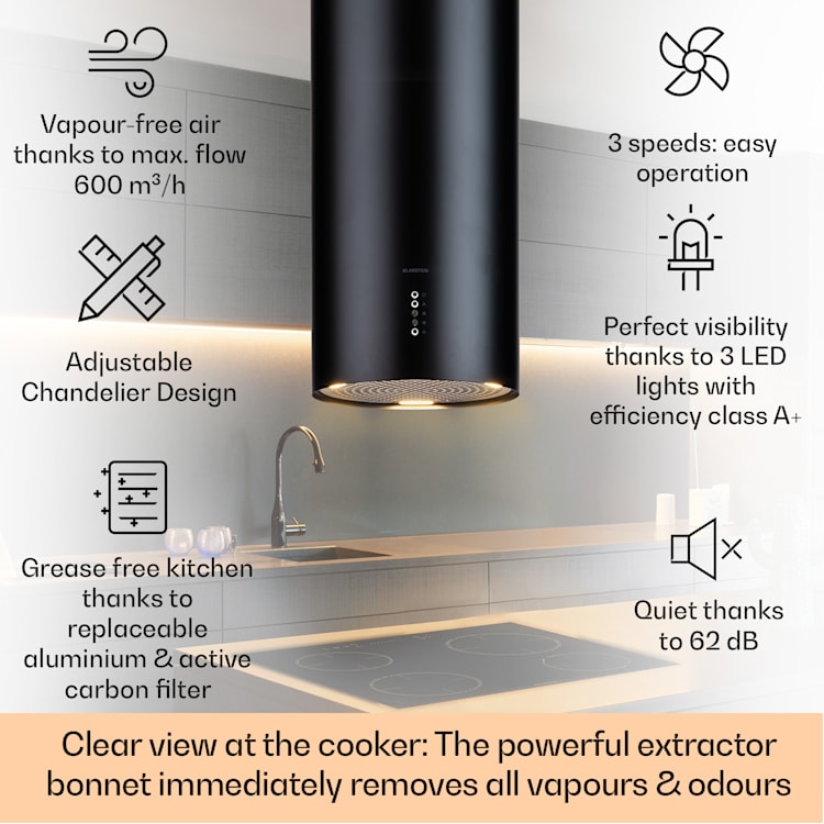 Bolea island extractor hood Ø 38 cm exhaust/recirculation 600 m³/h LED incl. activated carbon filter Black