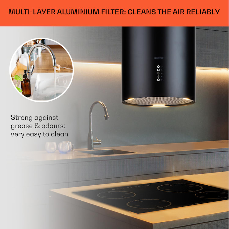Bolea island extractor hood Ø 38 cm exhaust/recirculation 600 m³/h LED incl. activated carbon filter Black