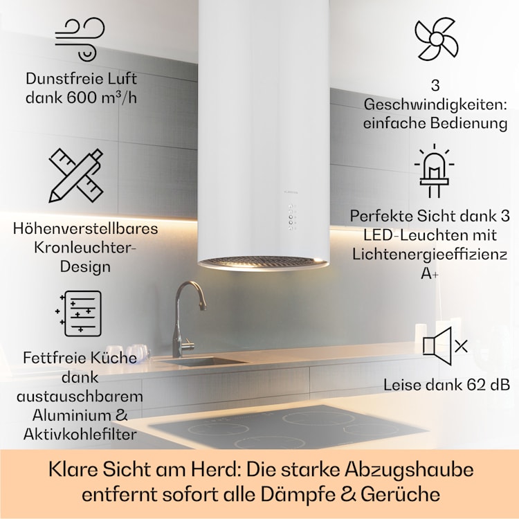 Bolea Inselabzugshaube Ø38cm Ab-/Umluft 600m³/h LED inkl. Aktivkohlefilter Weiß