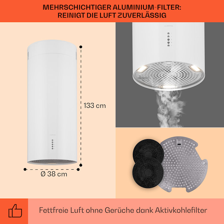 Bolea Inselabzugshaube Ø38cm Ab-/Umluft 600m³/h LED inkl. Aktivkohlefilter Weiß