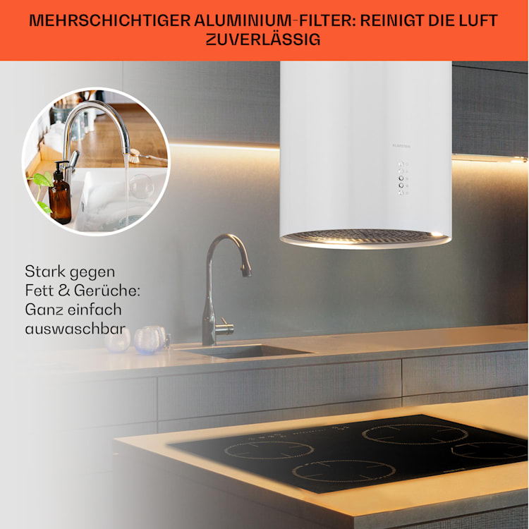 Bolea Inselabzugshaube Ø38cm Ab-/Umluft 600m³/h LED inkl. Aktivkohlefilter Weiß