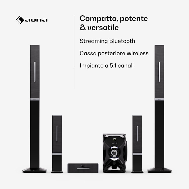 Areal 825 - Impianto audio 5.1 wireless, Bluetooth, 120 W, con funzione karaoke, altoparlanti posteriori wireless 