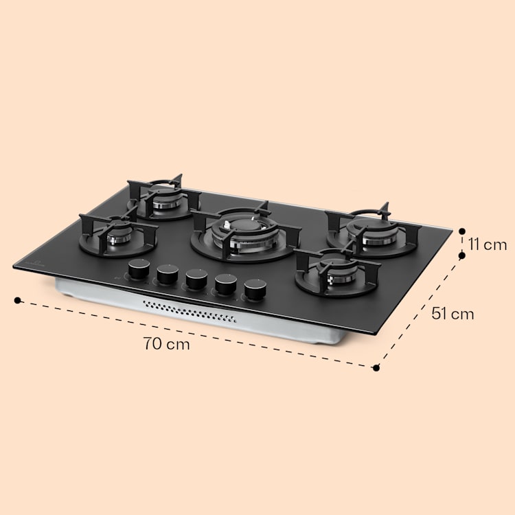 Firetale Gaskochfeld 5-flammig 70 cm Aluminium-Brenner inkl. Schlauch und Druckminderer  70 cm | Glas | Schwarz