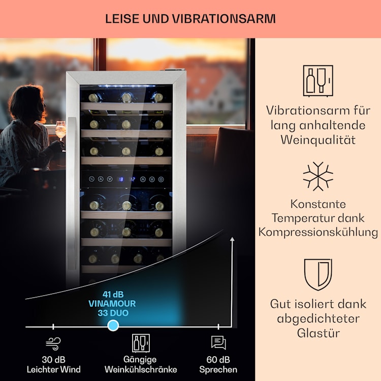 Vinamour 33 Duo - Frigorifero per vini, 2 zone, 89 L/33 bottiglie, 5-18 °C, touch 
