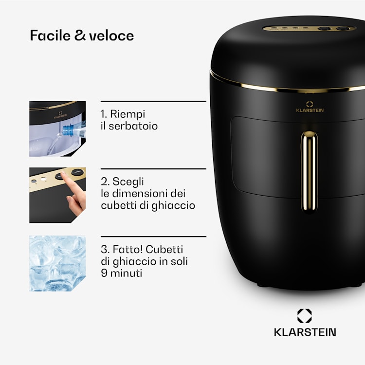 Passau macchina per cubetti di ghiaccio, 2 dimensioni, 15 kg/24 h, autopulente 2,3 ltr | Nero/ Oro anticato metallizzato