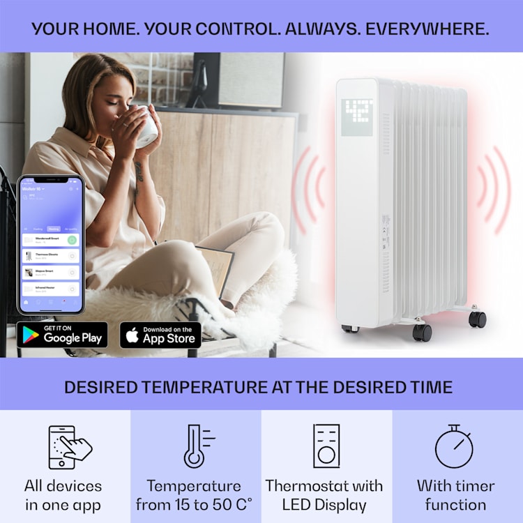 Sanford Smart, oljni radiator, moč 2500 W, tedenski časovnik, zaslon LED, nadzorna plošča na dotik, aplikacija Klarstein Bela