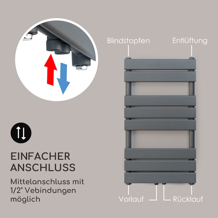 Fairmont 80 x 45 Heizkörper 375W Warmwasser 3 Handtuchhalter 1/2 45 x 80 cm | Anthrazit