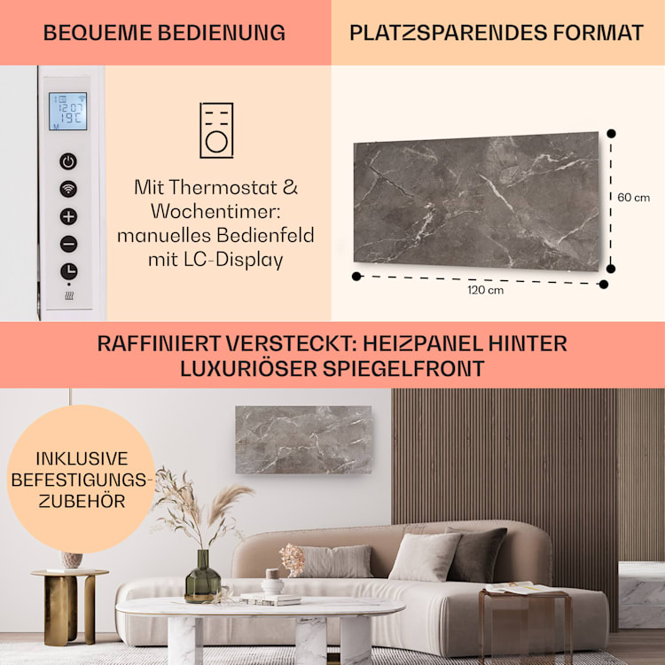 Santorini Smart- Pannello riscaldante a infrarossi, 120 x 60 cm, 1000 W, timer settimanale, IP24 1000 W