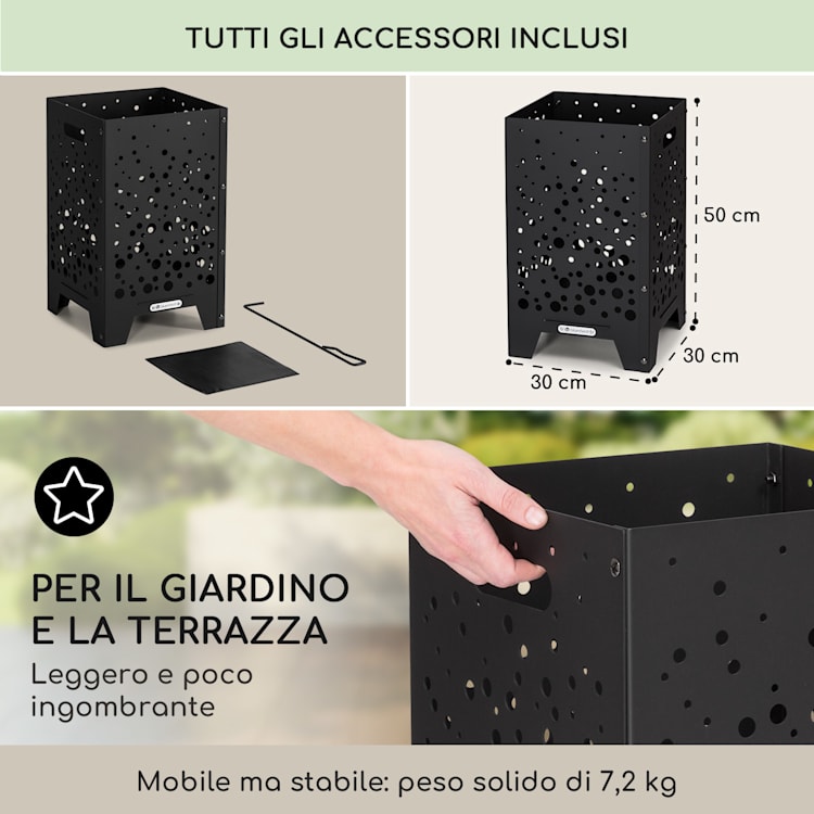 Bazman - Braciere in acciaio, robusto, superficie forata, attizzatoio e copertura antipioggia 