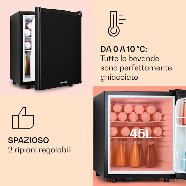 Happy Hour 45 - Mini frigo, minibar, frigorifero per bevande, 45 litri, 26 dB    45 Ltr | Nero