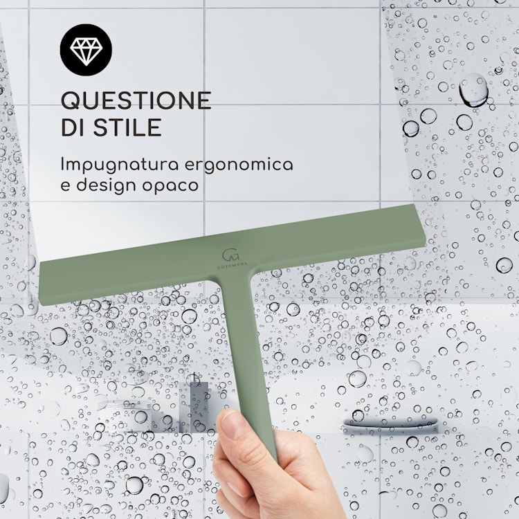 Blaze - Tergivetro per doccia, 23 cm, rivestimento in silicone, nucleo in acciaio inox, design moderno Muschio