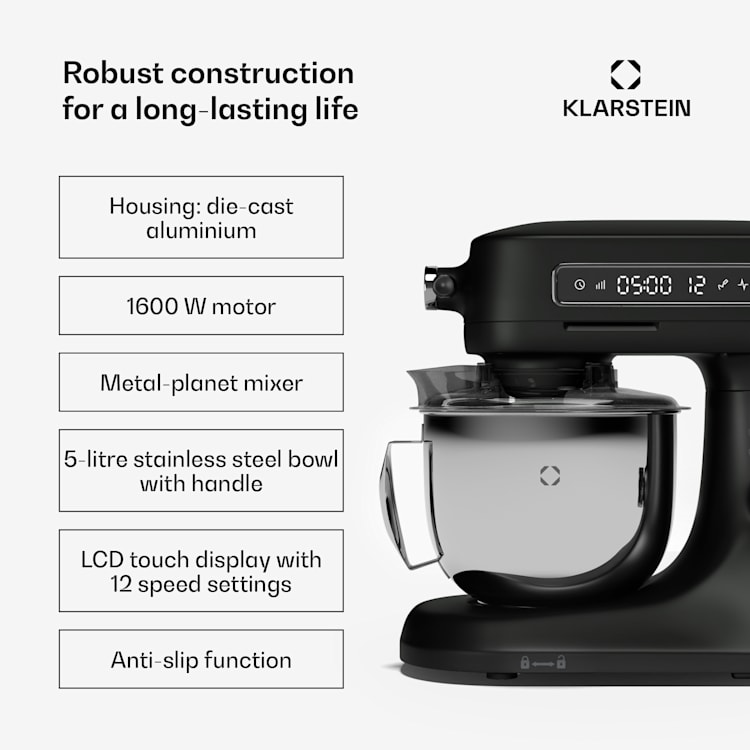 Chiara food processor | 1600 watts | 12 settings | stainless steel bowl | LCD display | incl. accessories Black
