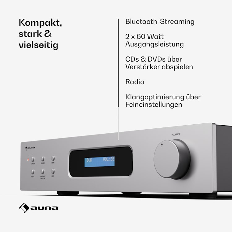 Art22 - Amplificatore DAB+ BT, amplificatore HiFi, radio DAB+/FM, 2 x 60 W, ingressi ottico + coassiale, telecomando, Bluetooth, REC-Out  Bianco / Argento metallizzato