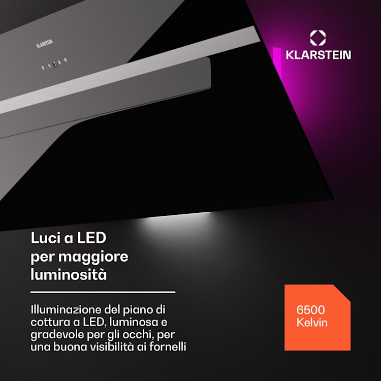 BigBite 90 - Cappa aspirante, 90 cm, 305 m³/ora, schermo LED, frontale in vetro, app 