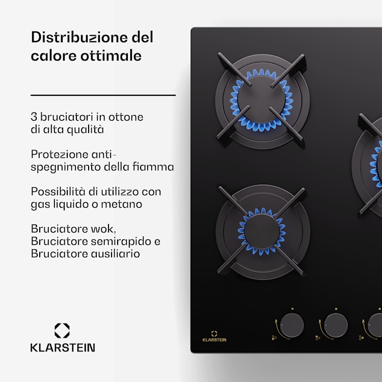 Goldflame - Piano cottura a gas, 3 fuochi, bruciatori in ottone, vetroceramica, nero 45 cm | 3 Bruciatore | Nero