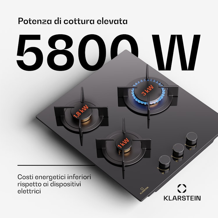 Goldflame - Piano cottura a gas, 3 fuochi, bruciatori in ottone, vetroceramica, nero 45 cm | 3 Bruciatore | Nero