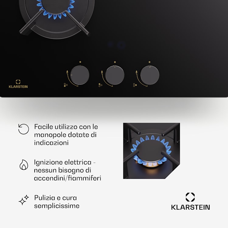 Goldflame - Piano cottura a gas, 3 fuochi, bruciatori in ottone, vetroceramica, nero 45 cm | 3 Bruciatore | Nero
