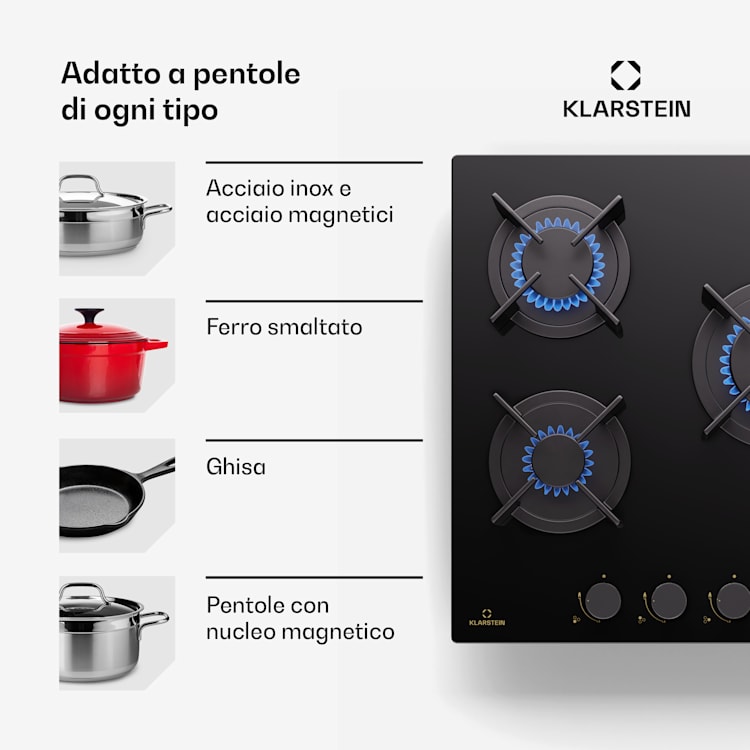 Goldflame - Piano cottura a gas, 3 fuochi, bruciatori in ottone, vetroceramica, nero 45 cm | 3 Bruciatore | Nero