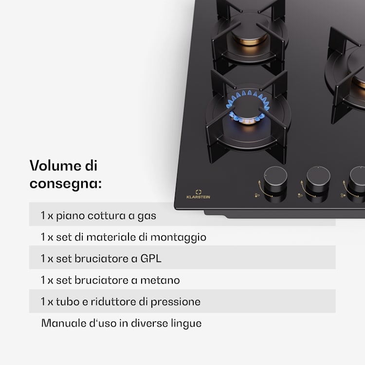 Goldflame - Piano cottura a gas, 3 fuochi, bruciatori in ottone, vetroceramica, nero 45 cm | 3 Bruciatore | Nero