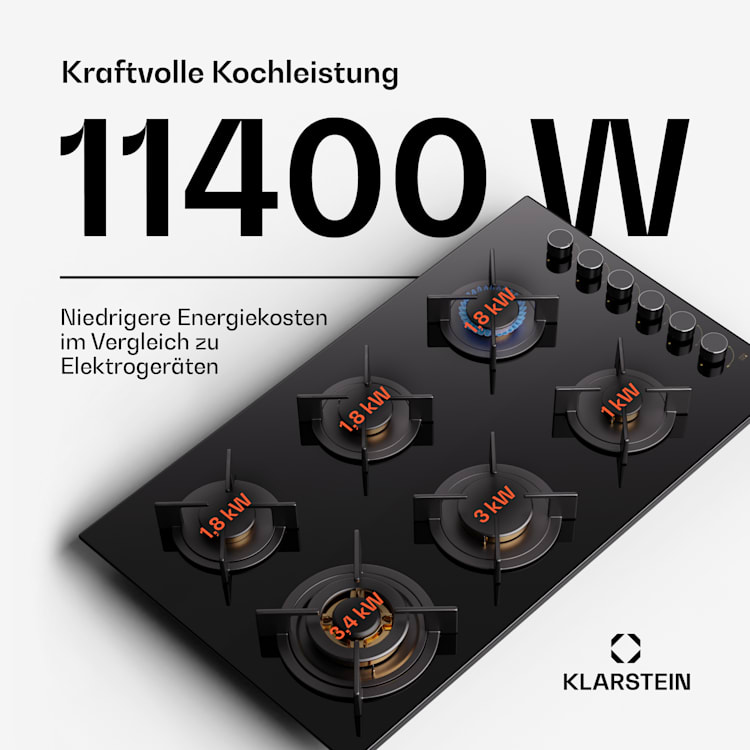 Goldflame 6 Gaskochfeld 6-flammig autark Side-Control Erdgas/Propangas Glaskeramik schwarz 90 cm | 6 Brenner | Schwarz
