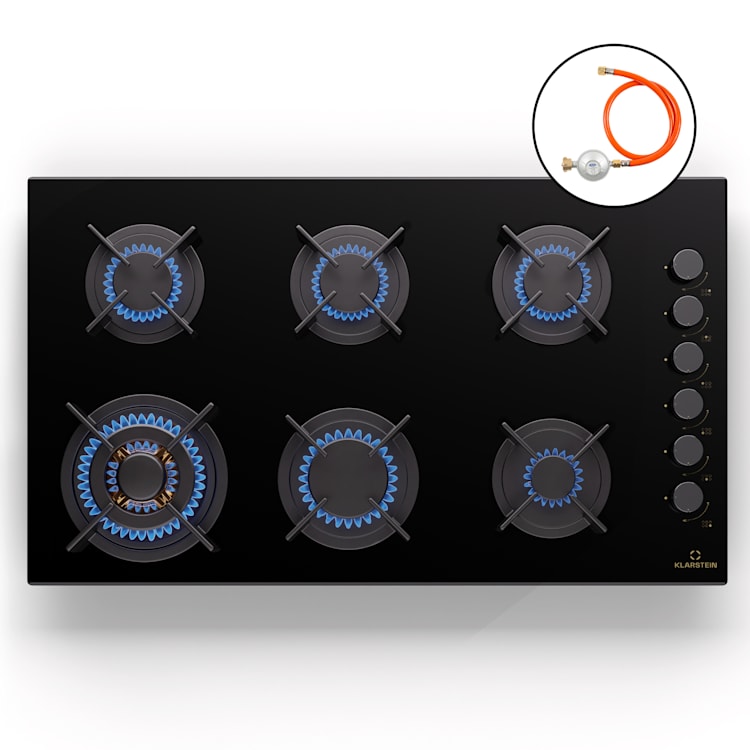 Goldflame 6 Gaskochfeld 6-flammig autark Side-Control Erdgas/Propangas Glaskeramik schwarz 90 cm | 6 Brenner | Schwarz