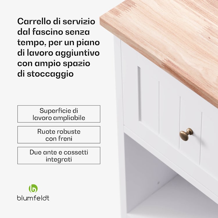 Etsu - Carrello di servizio, piano di lavoro estraibile, 2 cassetti, 2 ante, 2 ripiani, ruote con freno di stazionamento 