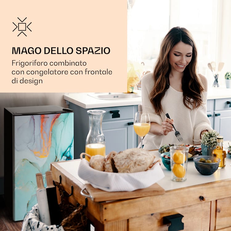 CoolArt 79L - Frigorifero con vano congelatore, classe energetica E, vano congelatore da 9 L, sportello di design 