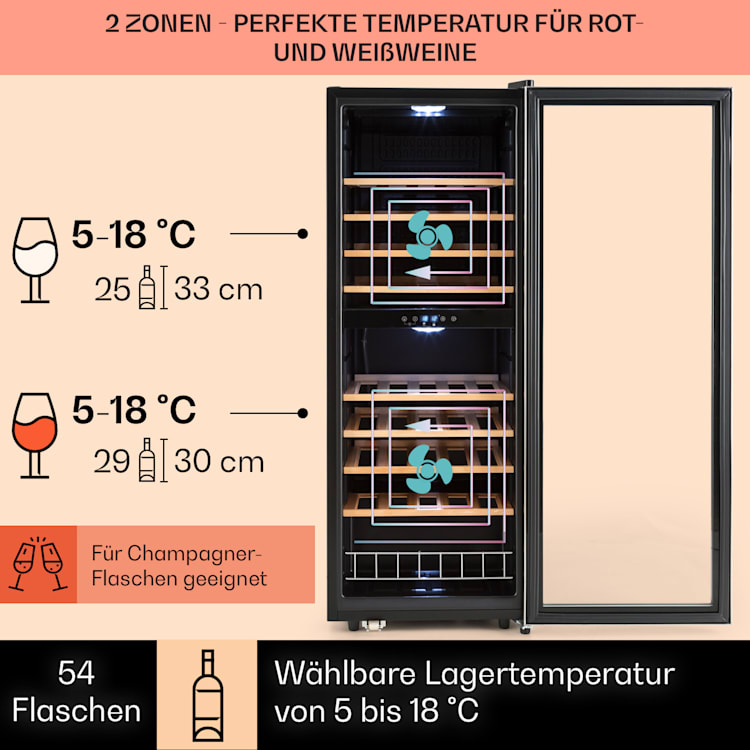 Vinamour 54 Duo Weinkühlschrank 2 Zonen 148 Ltr 54 Fl Touch-Display 