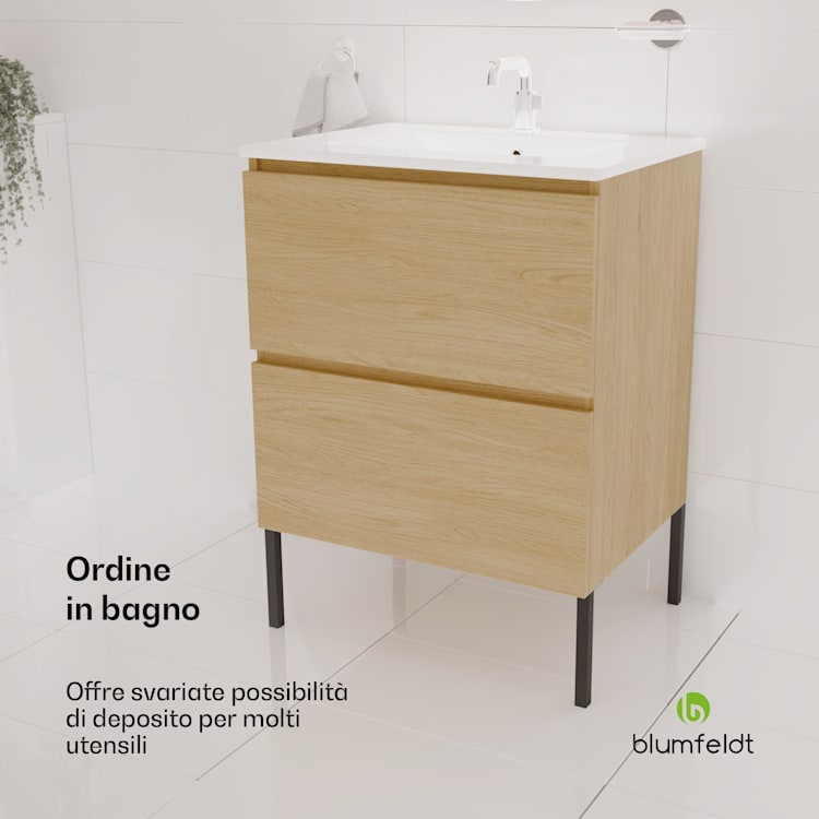 Johnstone portalavabo, mobiletto per il bagno, armadietto da bagno, 60 cm, con lavabo in ceramica, funzione soft close, 2 cassetti, pratico spazio per riporre gli oggetti, legno naturale 60 cm