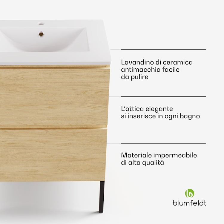 Johnstone portalavabo, mobiletto per il bagno, armadietto da bagno, 60 cm, con lavabo in ceramica, funzione soft close, 2 cassetti, pratico spazio per riporre gli oggetti, legno naturale 60 cm