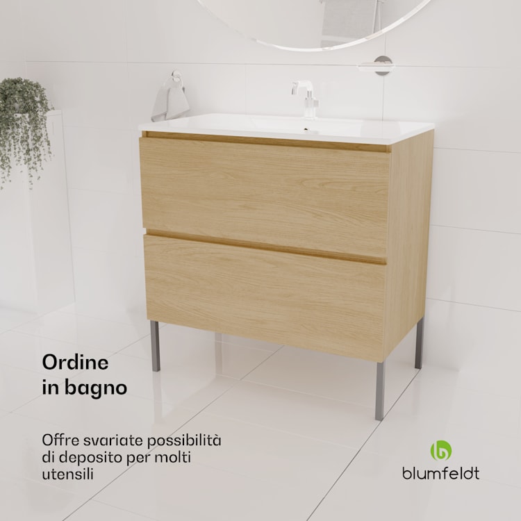 Johnstone portalavabo, mobiletto per il bagno, armadietto da bagno, 80 cm, con lavabo in ceramica, funzione soft close, 2 cassetti, pratico spazio per riporre gli oggetti, legno naturale 80_cm