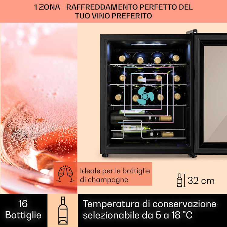 Shiraz 16 Uno - Frigorifero per vini, 42 l, pannello di controllo touch, 131 W, 5-18°C 