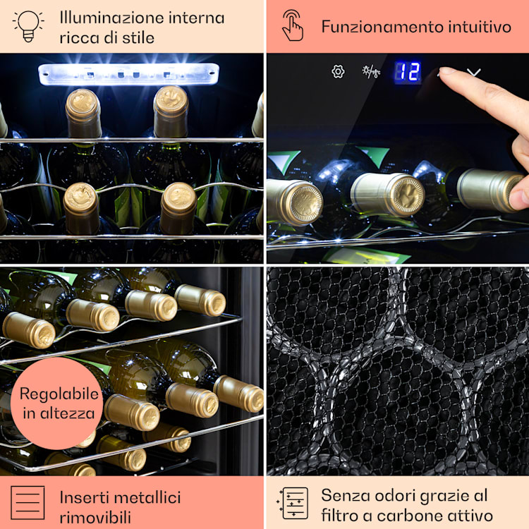 Shiraz 24 Uno - Frigorifero per vini, 63 l, 24 bottiglie, pannello di controllo touch, 5-18°C 24 bottiglie  | 1 zona di raffreddamento | Nero