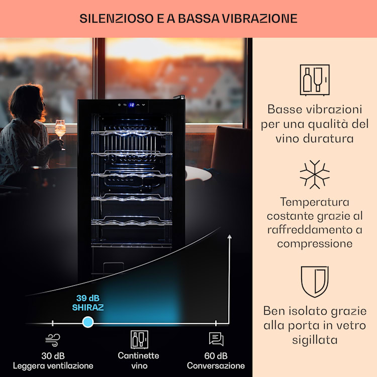 Shiraz 28 Uno - Frigorifero per vini, 74 l, 28 bottiglie, pannello di controllo touch, 5-18°C 28 bottiglie  | 1 zona di raffreddamento | Nero