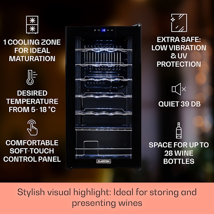 Shiraz 28 Uno, borhűtő, 74 liter, 28 palack, 5-18°C, érintőképernyős vezérlőpanel 28 palack | 1 hűtőzóna | Fekete