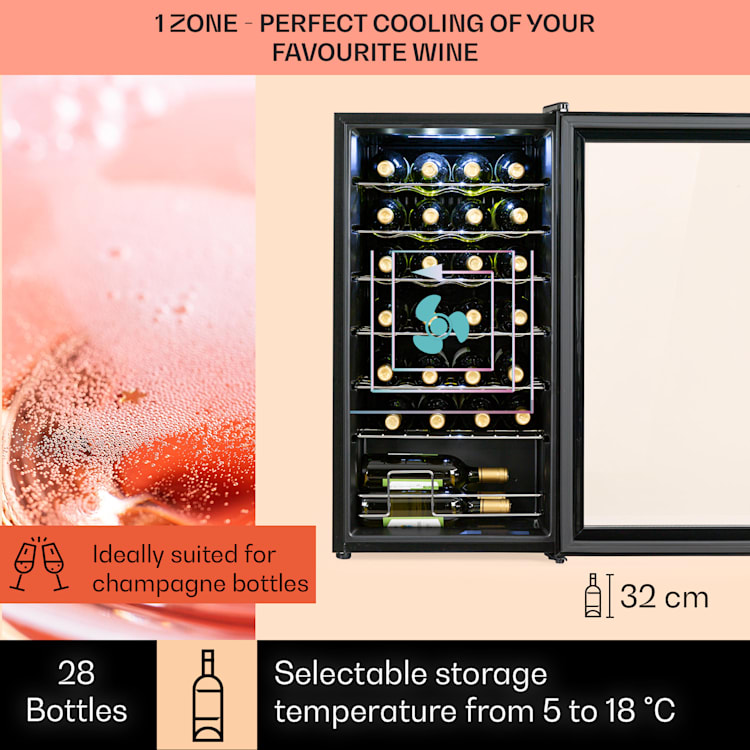 Shiraz 28 Uno, borhűtő, 74 liter, 28 palack, 5-18°C, érintőképernyős vezérlőpanel 28 palack | 1 hűtőzóna | Fekete